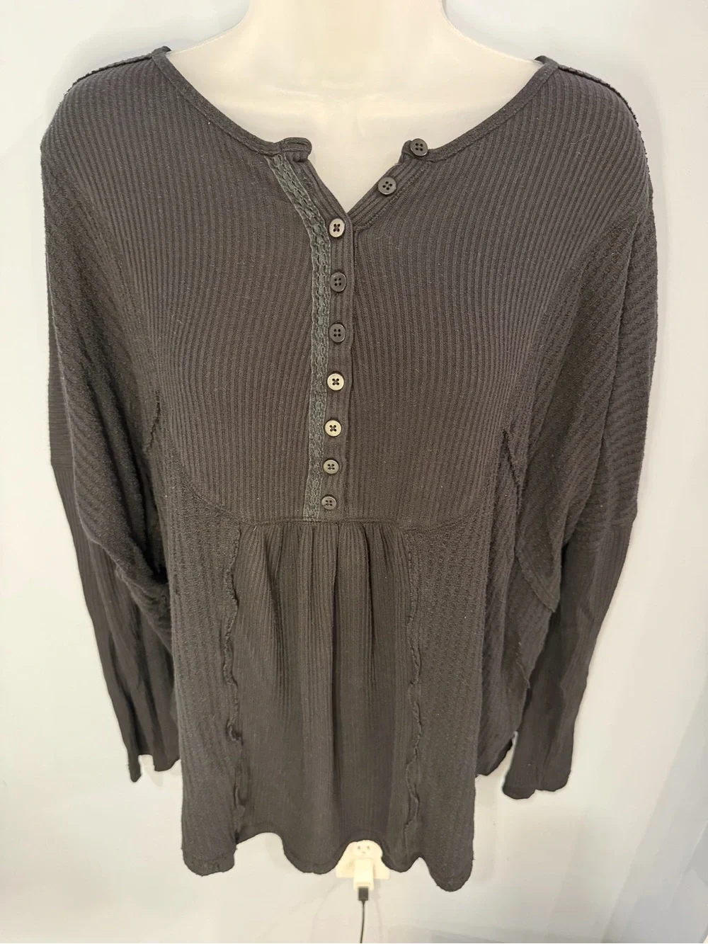 Free People Black Waffle Henley Long Sleeve Top M